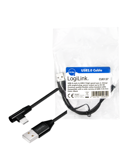 

CU037 Cable de  0,30m USB 2.0 480 Mbps PD15W USB C Macho 90º a USB-A Macho Negro Nylon Logilink