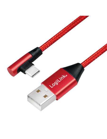 
CU0145 Cable de  0,30m USB 2.0 480 Mbps PD15W USB C Macho 90º a USB-A Macho Rojo Nylon Logilink