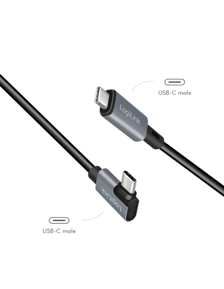
CU0182 Cable de  3,00m USB-PD 2.0 0,48 Gbit/s PD100W USB-C Macho 90º  a USB-C Macho Negro E-mark Carga y datos