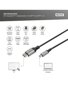 
DB-340106-020-S DIGITUS - Cable adaptador DisplayPort 8K, mini-DP a DP 2