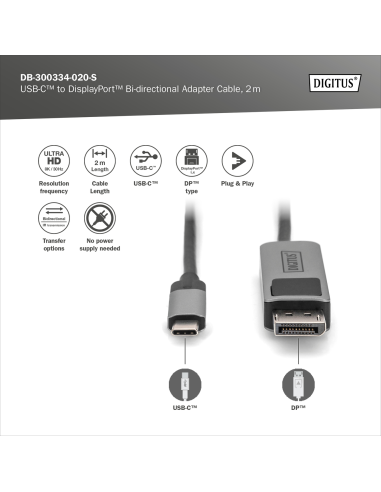 
DB-300334-020-S DIGITUS - Cable adaptador bidireccional de USB tipo C a DisplayPort