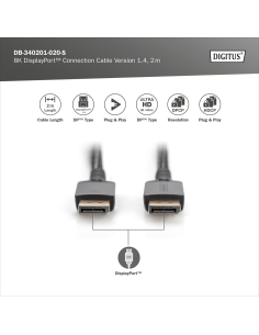 
DB-340201-020-S  - PREMIUM DP1.4  DP a DP 8K/60hz, 2 m Carcasa de aluminio, dorado, soporta 8K/60 Hz 2