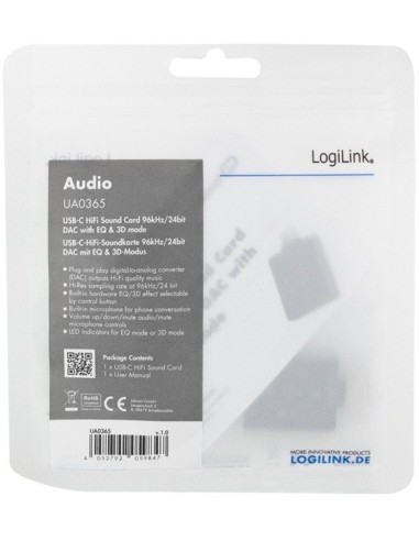 
UA365 LOGILINK - Adaptador de audio USB 3.2 con EQ, USB-C/M a 2x 3,5 mm/F, 7.1 canales LogiLink