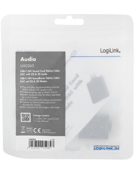 
UA365 LOGILINK - Adaptador de audio USB 3.2 con EQ, USB-C/M a 2x 3,5 mm/F, 7.1 canales LogiLink
