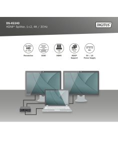 
DS-45340 Splitter HDMI  2 Puertos 4K Ultra HD 30Hz  DIGITUS, Soporta EDID (2 modos) - 1: Copia -salida HDMI 1/2: modo Auto - 