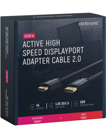 
44927 Cable 10m Negro DisplayPort 1.2 Macho a HDMI 2.0 Macho 4k 60HZ Clicktronic