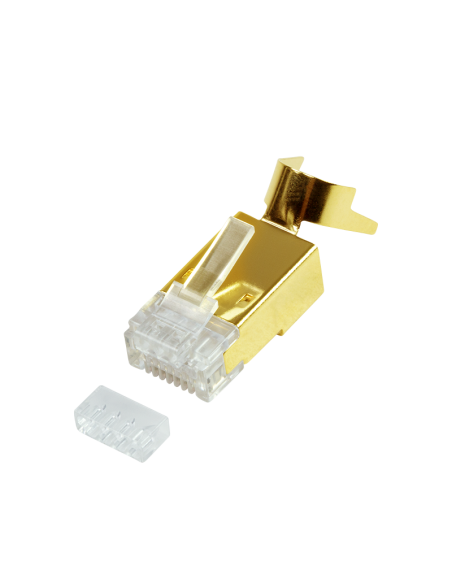 
Conector modular Cat 6A RJ45 Macho STP Apantallado Y DORADO , Para herramienta WZ0029, ( precio de 1 bolsa de 10 unidades )