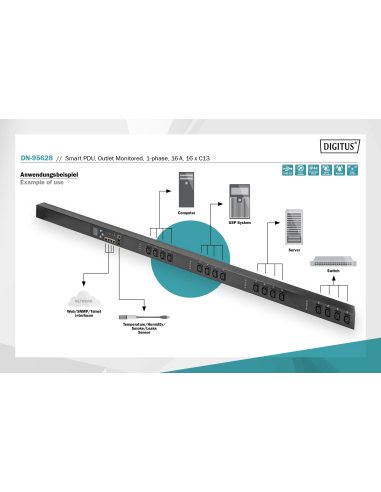 
DN-95628 DIGITUS - PDU con vigilancia de salidas, vertical, 16 A, 16 C13 Cable de 3 m, conector IEC309 16 A