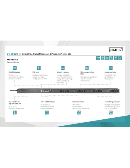 
DN-95628 DIGITUS - PDU con vigilancia de salidas, vertical, 16 A, 16 C13 Cable de 3 m, conector IEC309 16 A