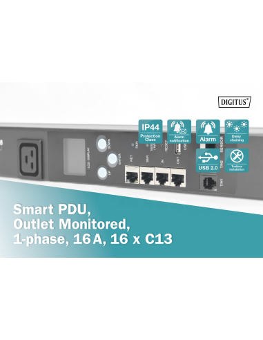 
DN-95628 DIGITUS - PDU con vigilancia de salidas, vertical, 16 A, 16 C13 Cable de 3 m, conector IEC309 16 A