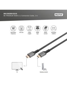 
DB-330200-010-S DIGITUS - Cable HDMI A-A  1 metros Negro 8K 60Hz 48Gbit Version 2.1, PREMIUM,  Carcasa de aluminio, dorado, N 2