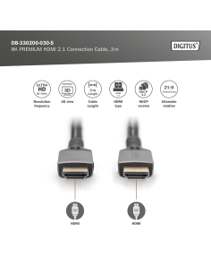 
DB-330200-030-S Cable 8K PREMIUM HDMI 2.1 3 m Carcasa de aluminio, dorado, soporta 8K/60 Hz Nylon DIGITUS 2