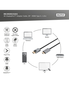 
DB-340202-018-S DIGITUS - Cable  1,80m Negro DisplayPort 1.2 Macho a HDMI 1.4 Macho 4K/30 Hz Carcasa de aluminio, dorado, Nyl