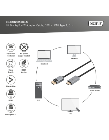 
DB-340202-030-S DIGITUS - Cable  3m Negro DisplayPort 1.2 Macho a HDMI 1.4 Macho 4K/30 Hz Carcasa de aluminio, dorado, Nylon 