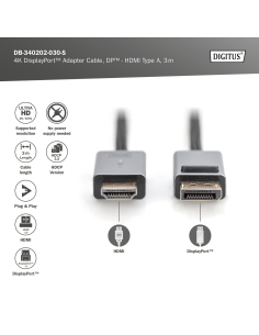 
DB-340202-030-S DIGITUS - Cable  3m Negro DisplayPort 1.2 Macho a HDMI 1.4 Macho 4K/30 Hz Carcasa de aluminio, dorado, Nylon 