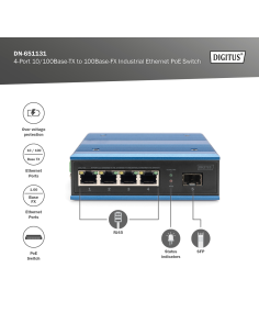 
DN-651131  Conmutador industrial Fast Ethernet-PoE de 4+1 puertos Unmanaged, 4 conexiones RJ45 de 10/100 Mbits