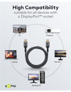 
65266 GOOBAY - Cable Displayport  Macho-Macho de  3m V.1.4 8K Carcasa de aluminio, dorado, Nylon Goobay Bolsa Retail