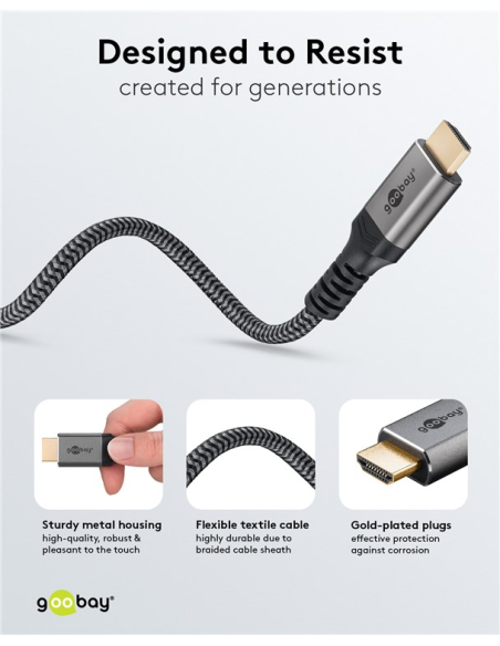 
65270 GOOBAY - Cable  3,00m Negro DisplayPort 1.2 Macho a HDMI 2,0 Macho 4K/60 Hz Carcasa de aluminio, dorado, Nylon Blister 