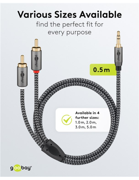 
65284 GOOBAY - Cable  0,5 m 3.5 mm M (3-pin, ST) a 2xRCA M FlexiPlus Nylon Goobay