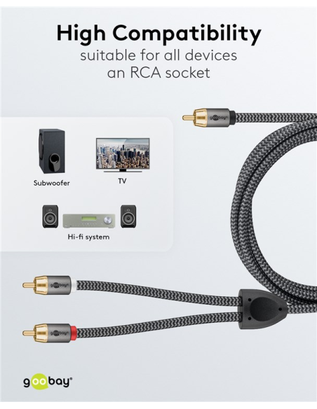 
65303 GOOBAY - Cable 10,0m 1xRCA M a 2xRCA Macho Subwoofer Flexiplus Nylon Goobay