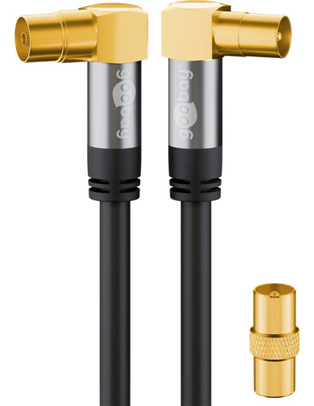 
Cable de Antena de 10,0m Coaxial Macho 90º a Coaxial Hembra 90º + Adaptador Macho <135 dB Negro Bolsa colgar goobay