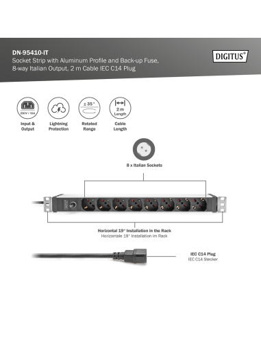 
Regleta Aluminio Rack 19"  8 tomas ITALIANAS entrada C14 10A  2metros DIGITUS