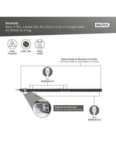 
DN-95451 Regleta Aluminio Rack 19" 24xC-13+4C19,  EntradaIEC 60309 32 A 3 m 32A 0U DIGITUS