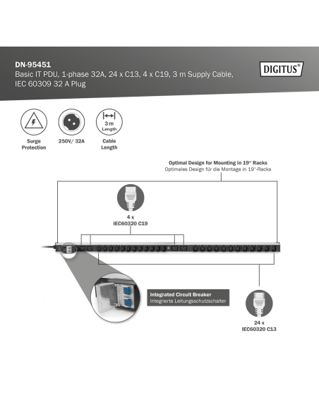 
DN-95451 Regleta Aluminio Rack 19" 24xC-13+4C19,  EntradaIEC 60309 32 A 3 m 32A 0U DIGITUS