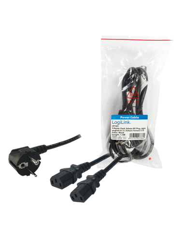 
CP101 LOGILINK - Cable Alimentacion CEE-7/7 90º SCHUKO a C13x2  1,70m Negro. Está diseñado para conectar el PC y el monitor a