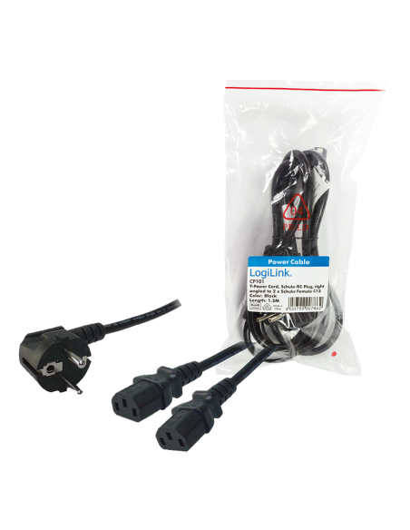 
CP101 LOGILINK - Cable Alimentacion CEE-7/7 90º SCHUKO a C13x2  1,70m Negro. Está diseñado para conectar el PC y el monitor a