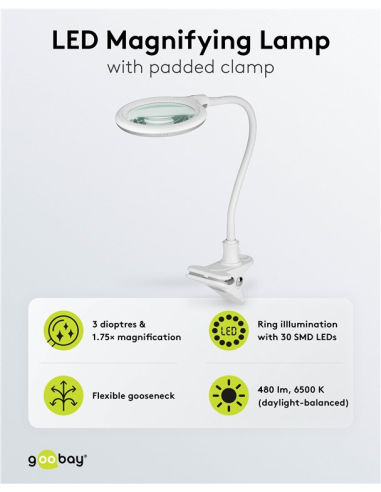 
60365 GOOBAY - Lámpara de aumento LED con pinza, 6 W, blanca
480 lm, lente de cristal de 100 mm, aumento de 1,75x, 3 dioptrí