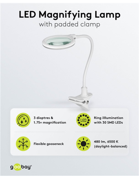 
60365 GOOBAY - Lámpara de aumento LED con pinza, 6 W, blanca
480 lm, lente de cristal de 100 mm, aumento de 1,75x, 3 dioptrí