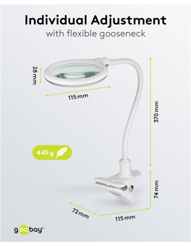 
60365 GOOBAY - Lámpara de aumento LED con pinza, 6 W, blanca
480 lm, lente de cristal de 100 mm, aumento de 1,75x, 3 dioptrí