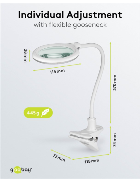 
60365 GOOBAY - Lámpara de aumento LED con pinza, 6 W, blanca
480 lm, lente de cristal de 100 mm, aumento de 1,75x, 3 dioptrí