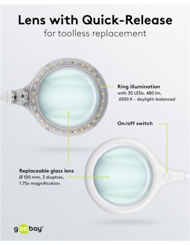 
60365 GOOBAY - Lámpara de aumento LED con pinza, 6 W, blanca
480 lm, lente de cristal de 100 mm, aumento de 1,75x, 3 dioptrí