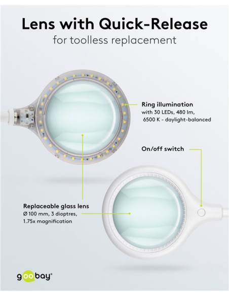 
60365 GOOBAY - Lámpara de aumento LED con pinza, 6 W, blanca
480 lm, lente de cristal de 100 mm, aumento de 1,75x, 3 dioptrí