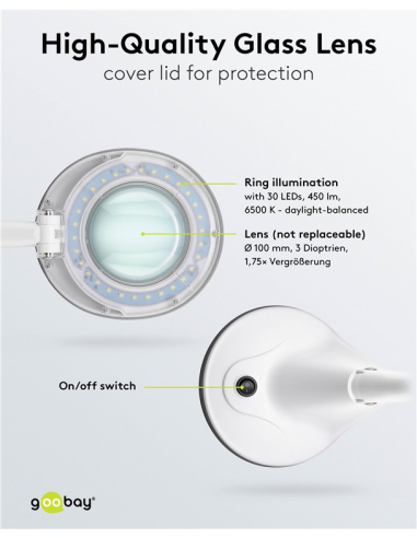 
60366 GOOBAY - Lupa 6W 450lm 100mm 30LED STAND. Lámpara de aumento LED con base, 6 W, blanca
450 lm, lente de cristal de 100