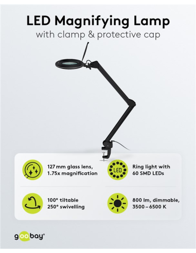 
64986 GOOBAY - Lupa 10W 800lm 127mmX 60LED dim KLEMM S. Lámpara de aumento LED con pinza, 10 W, negra
800 lm, brillo y color