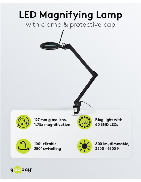 
64986 GOOBAY - Lupa 10W 800lm 127mmX 60LED dim KLEMM S. Lámpara de aumento LED con pinza, 10 W, negra
800 lm, brillo y color