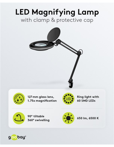 
64989 GOOBAY - Lupa 8W 650 lm 127 mm 60 LED KLEMM Negra. Lámpara de aumento LED con pinza, 8 W, negra
650 lm, lente de crist