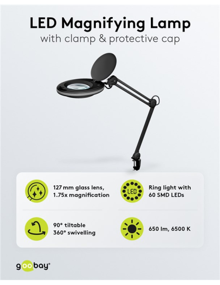 
64989 GOOBAY - Lupa 8W 650 lm 127 mm 60 LED KLEMM Negra. Lámpara de aumento LED con pinza, 8 W, negra
650 lm, lente de crist