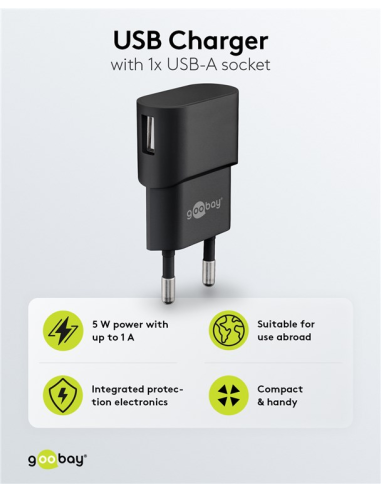 
44947 GOOBAY - Cargador USB  1 puert.  5W 1A  negro Goobay. El adaptador de corriente USB carga dispositivos con hasta 1,0 A 