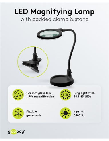 64990 GOOBAY - Lupa 6W 480lm 100mmX 30LED STAND/KLEMM S. Lámpara de aumento LED con base y abrazadera, 6 W, negra, 480 lm, lent