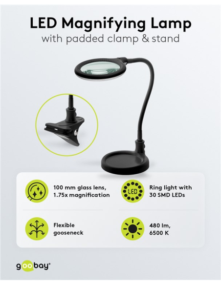 64990 GOOBAY - Lupa 6W 480lm 100mmX 30LED STAND/KLEMM S. Lámpara de aumento LED con base y abrazadera, 6 W, negra, 480 lm, lent