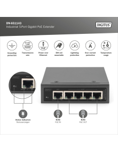 
DIGITUS-DN651143 Expansor PoE Gigabit industrial de 5 puertos 1 puerto entrada 802.3bt PoE a 4 salidas puertos 802.3af/at