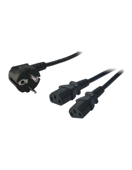 
CP101 LOGILINK - Cable Alimentacion CEE-7/7 90º SCHUKO a C13x2  1,70m Negro. Está diseñado para conectar el PC y el monitor a