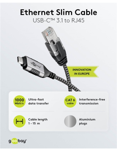 
74402 - Goobay USB-C 3.1 to RJ45 Ethernet Cable, Slim, 1.5 m