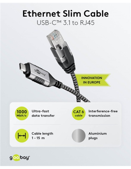 
74402 - Goobay USB-C 3.1 to RJ45 Ethernet Cable, Slim, 1.5 m