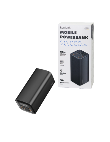 
PA0350 Bateria Externa Power Bank 20000, 2x USB A + 2x USB C QC 3.0 & PD 3.0 65 W, black Logilink