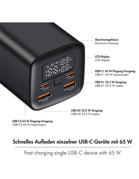 PA0350 Bateria Externa Power Bank 20000, 2x USB A + 2x USB C QC 3.0 & PD 3.0 65 W, black Logilink